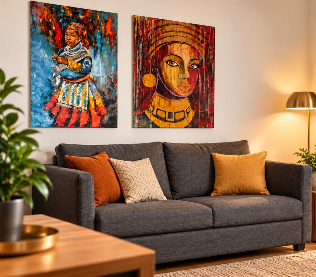 Graues Sofa mit farbigen Kissen, zwei Kunstwerken und Pflanzen in einem hellen Raum.