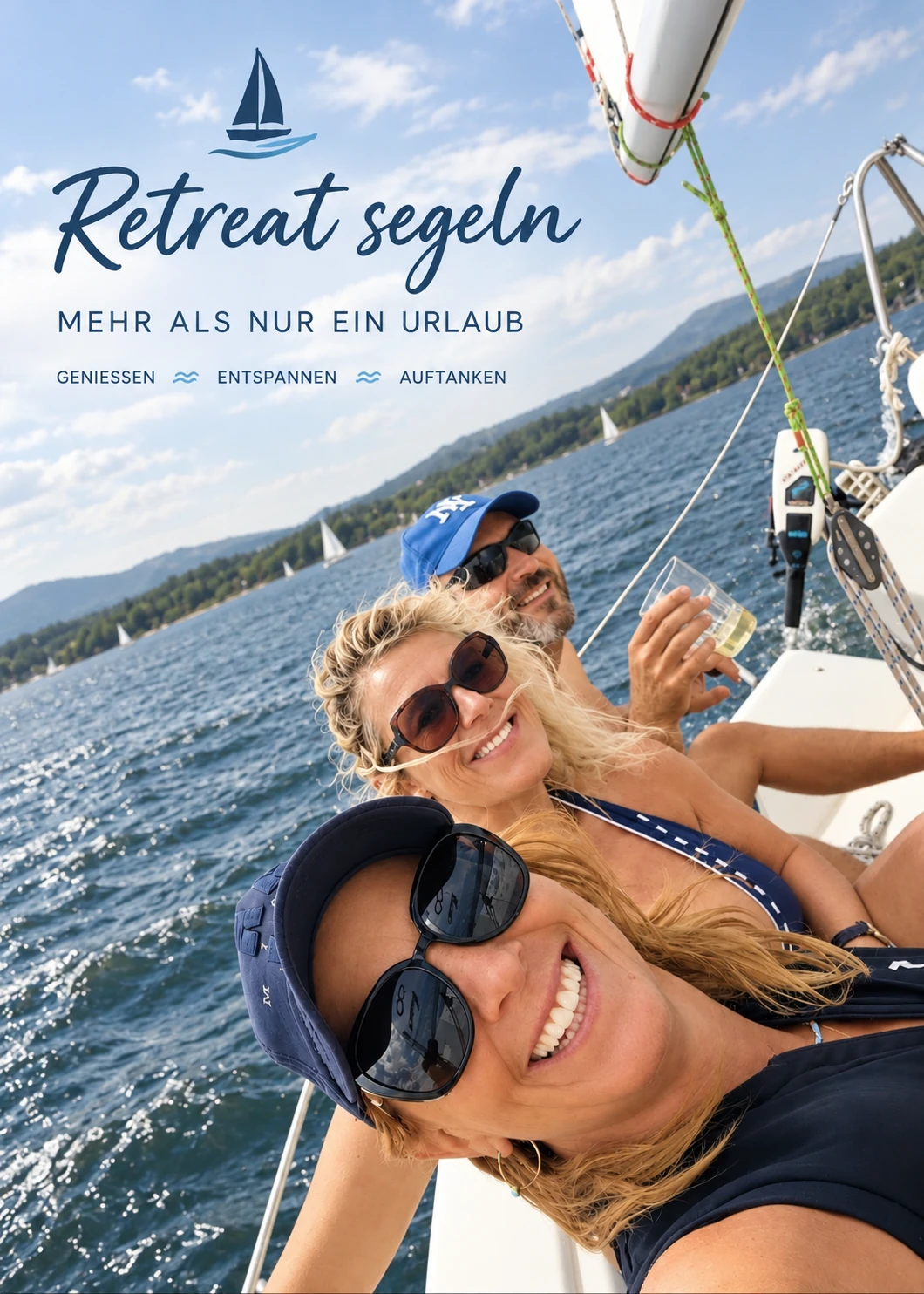 Drei Menschen auf einem Segelboot. Retreat segeln. Mehr als nur ein Urlaub. Genießen, entspannen, auftanken.