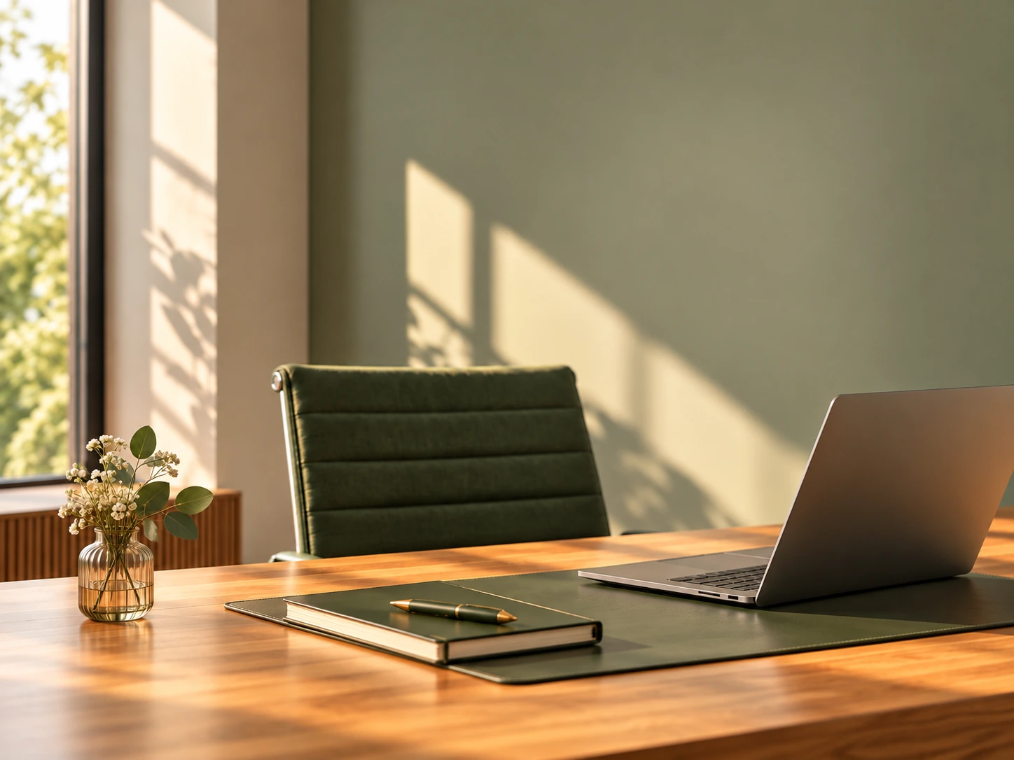 Sonniger Arbeitsplatz mit grünem Stuhl, Laptop, Notizbuch und Blumen.