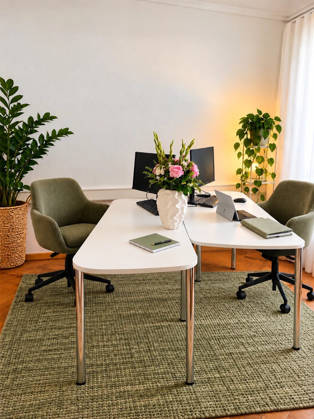 Helles Büro mit zwei weißen Schreibtischen, grünen Sesseln, Pflanzen und rosa Blumen.